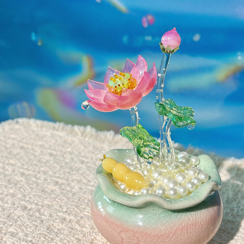 Lamp Work Of Lotus Pond Bonsai Pink