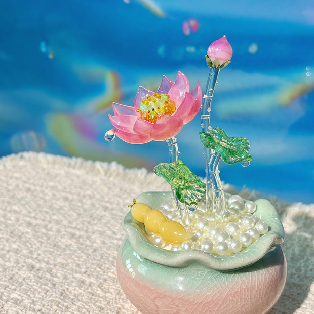 Lamp Work Of Lotus Pond Bonsai Pink
