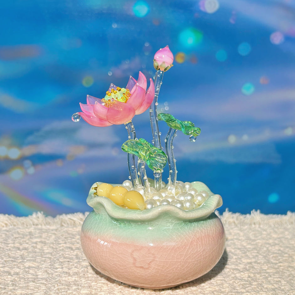 Lamp Work Of Lotus Pond Bonsai Pink
