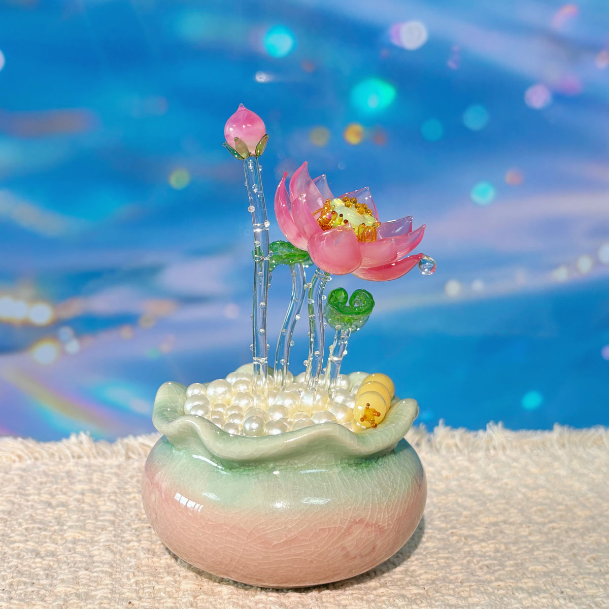 Lamp Work Of Lotus Pond Bonsai Pink