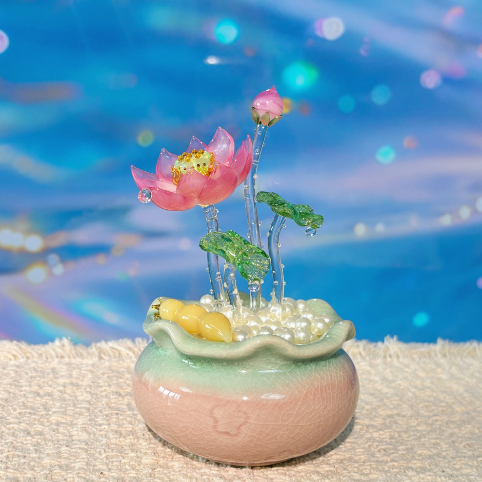 Lamp Work Of Lotus Pond Bonsai Pink