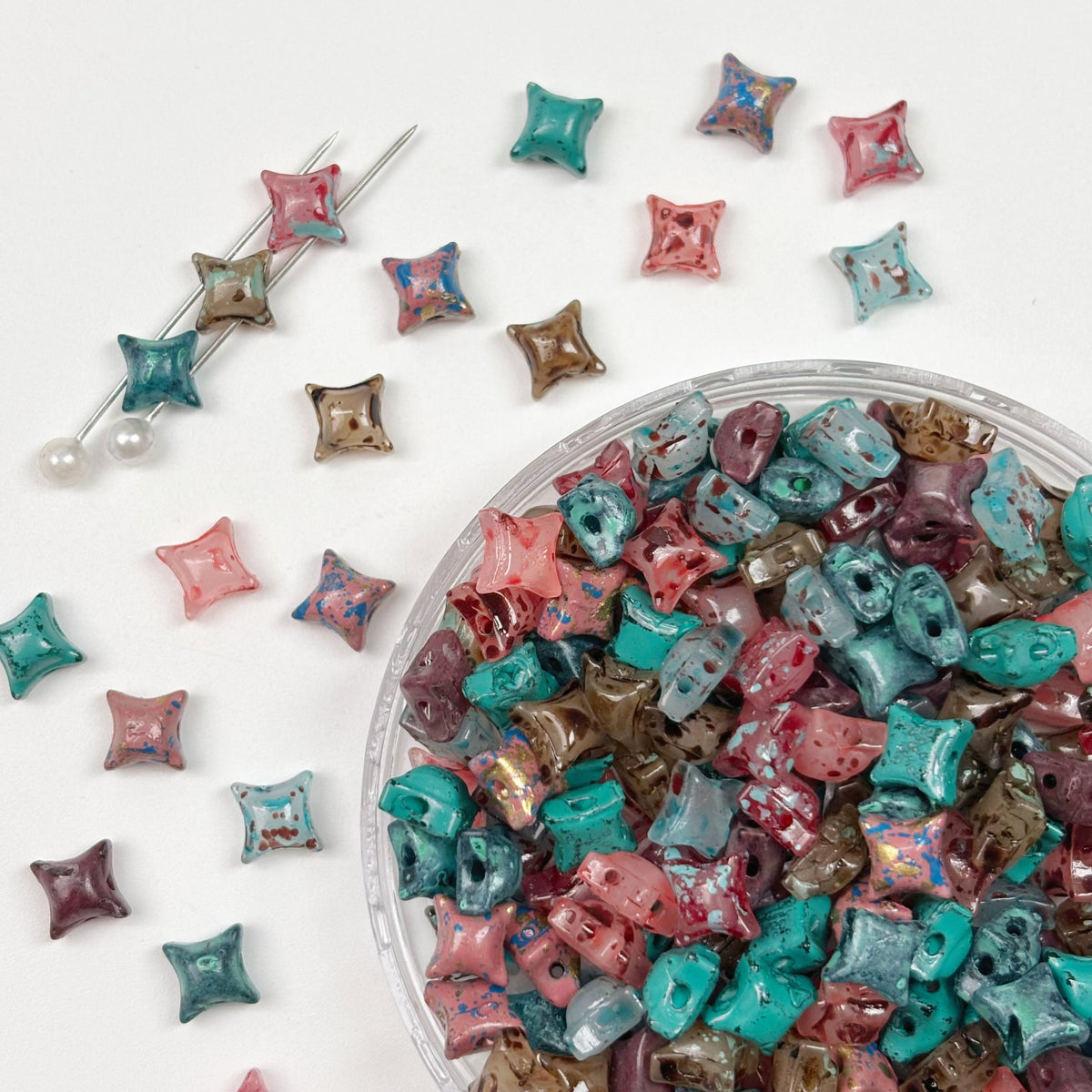 (P20) Picasso Style 2-Hole Four-Pointed Star Glass Beads - Mixed Custom Colorway
