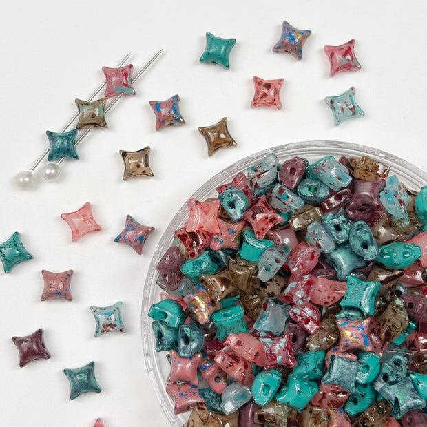 (P20) Picasso Style 2-Hole Four-Pointed Star Glass Beads - Mixed Custom Colorway