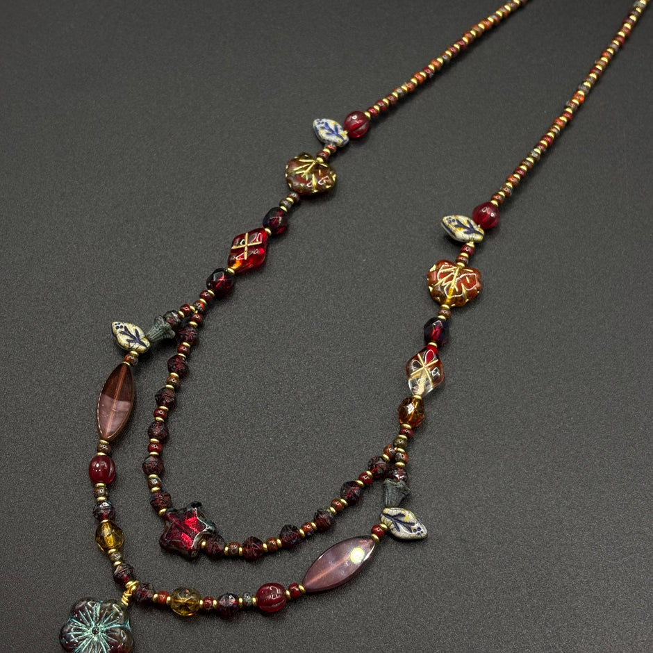 (N30) Red Blossom Artisan Layered Handmade Czech Glass Necklace
