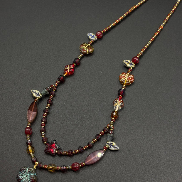 (N30) Red Blossom Artisan Layered Handmade Czech Glass Necklace