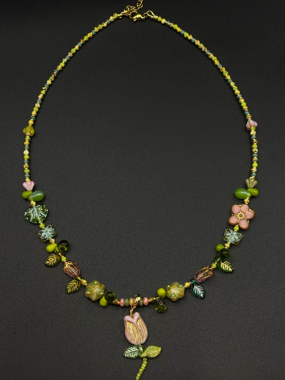 (N31) Spring Garden Tulip Handmade Czech Glass Necklace