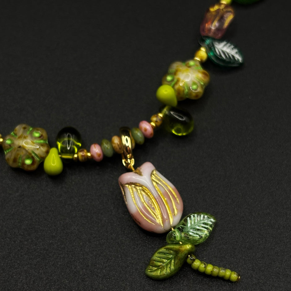 (N31) Spring Garden Tulip Handmade Czech Glass Necklace