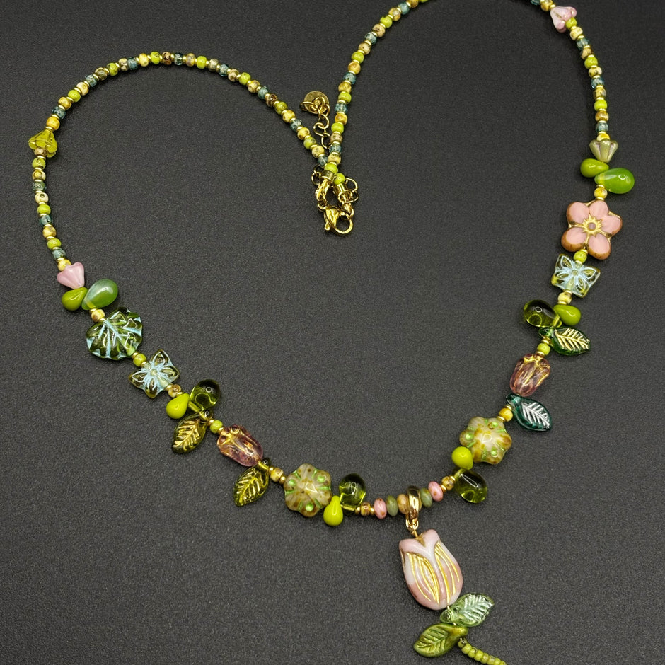 (N31) Spring Garden Tulip Handmade Czech Glass Necklace