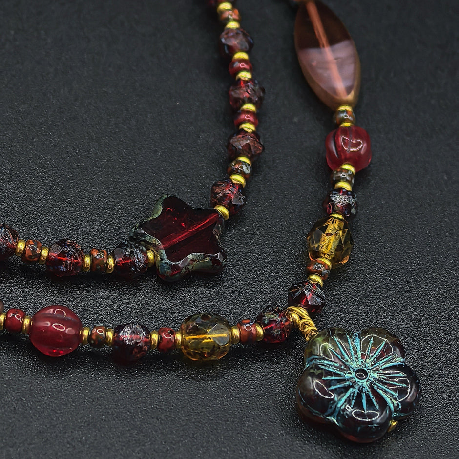 (N30) Red Blossom Artisan Layered Handmade Czech Glass Necklace