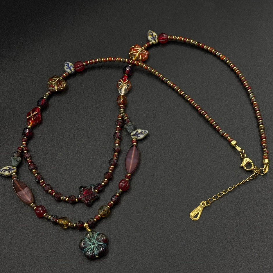 (N30) Red Blossom Artisan Layered Handmade Czech Glass Necklace
