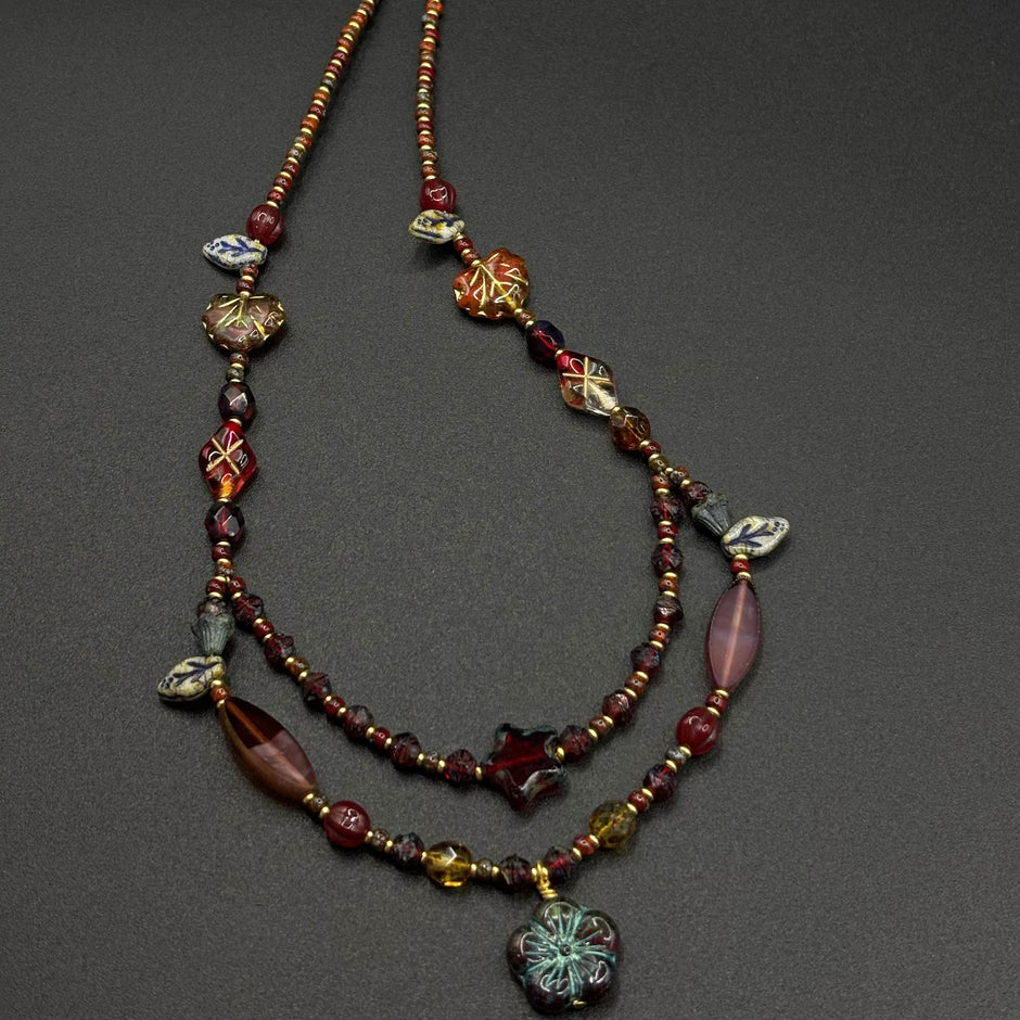 (N30) Red Blossom Artisan Layered Handmade Czech Glass Necklace