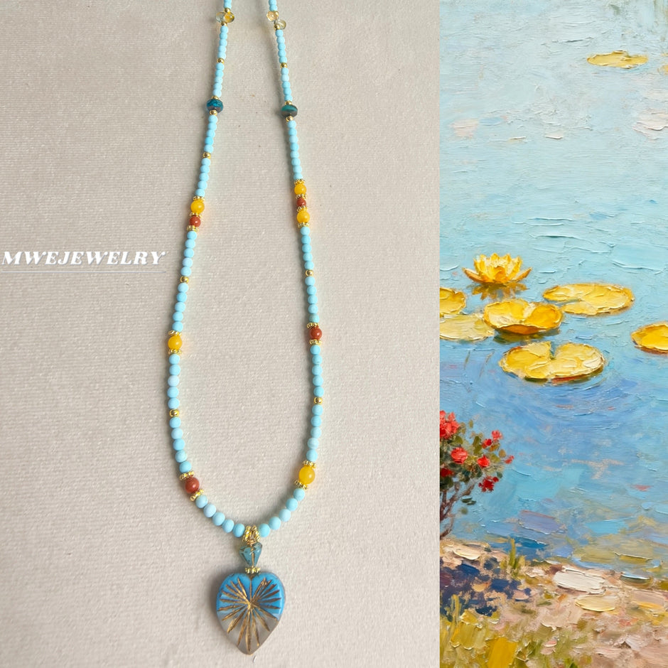 (N29) Monet's Water Lily Handmade Czech Glass Necklace