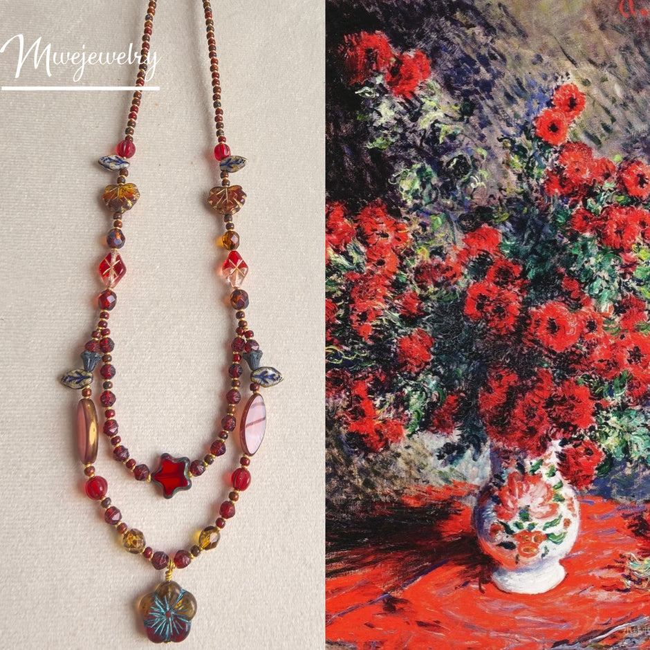 (N30) Red Blossom Artisan Layered Handmade Czech Glass Necklace
